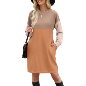 imageWIHOLL Womens Long Sleeve Dress Loose Fit Casual Crewneck Flowy Mini Dresses with Pockets Fall FashionCcolor Block Orange Yellow