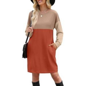 imageWIHOLL Womens Long Sleeve Dress Loose Fit Casual Crewneck Flowy Mini Dresses with Pockets Fall FashionColor Block Caramel