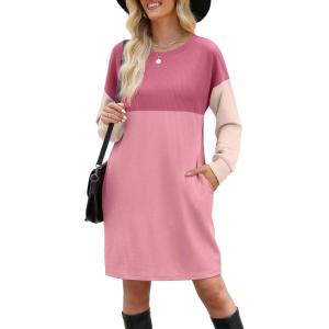 imageWIHOLL Womens Long Sleeve Dress Loose Fit Casual Crewneck Flowy Mini Dresses with Pockets Fall FashionColor Block Pink