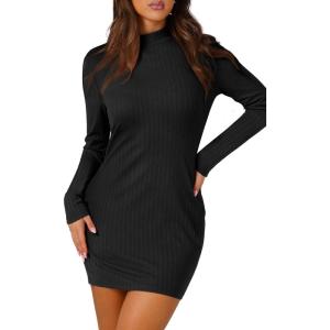 imageWIHOLL Womens Mock Neck Bodycon Dresses Long Sleeve Mini Dress Slim Fit CasualBlack