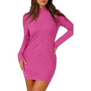 imageWIHOLL Womens Mock Neck Bodycon Dresses Long Sleeve Mini Dress Slim Fit CasualHotpink