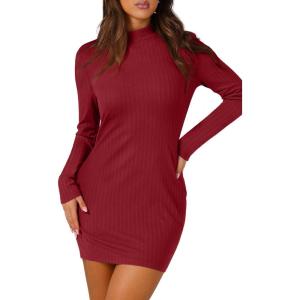 imageWIHOLL Womens Mock Neck Bodycon Dresses Long Sleeve Mini Dress Slim Fit CasualRed