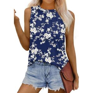 imageWIHOLL Womens Summer Tank Tops Pleated Round Neck Sleeveless Tops for Women Casual FlowyBlue Flower