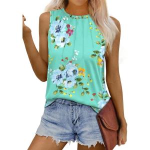 imageWIHOLL Womens Summer Tank Tops Pleated Round Neck Sleeveless Tops for Women Casual FlowyGreen Flower