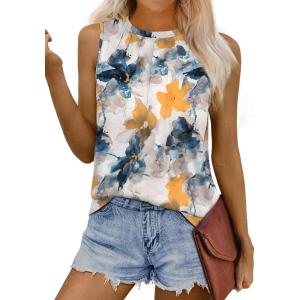 imageWIHOLL Womens Summer Tank Tops Pleated Round Neck Sleeveless Tops for Women Casual FlowyTie Dye Flower