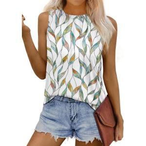imageWIHOLL Womens Summer Tank Tops Pleated Round Neck Sleeveless Tops for Women Casual FlowyWhite Print
