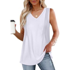 imageWIHOLL Summer Womens Tank Tops Loose Fit Pleated 2025 V Neck Sleeveless Tops CasualS3XLBasic White