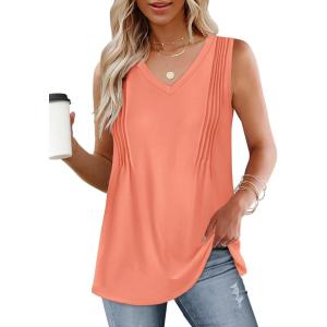 imageWIHOLL Summer Womens Tank Tops Loose Fit Pleated 2025 V Neck Sleeveless Tops CasualS3XLCoral