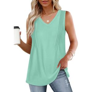 imageWIHOLL Summer Womens Tank Tops Loose Fit Pleated 2025 V Neck Sleeveless Tops CasualS3XLLake Green