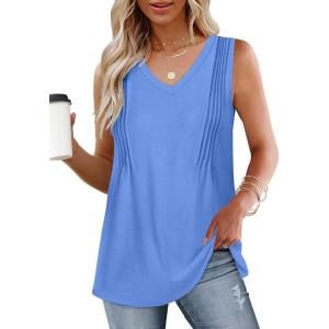 imageWIHOLL Summer Womens Tank Tops Loose Fit Pleated 2025 V Neck Sleeveless Tops CasualS3XLLight Blue