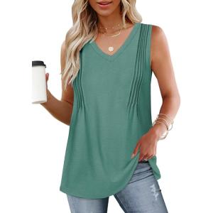 imageWIHOLL Summer Womens Tank Tops Loose Fit Pleated 2025 V Neck Sleeveless Tops CasualS3XLLight Green