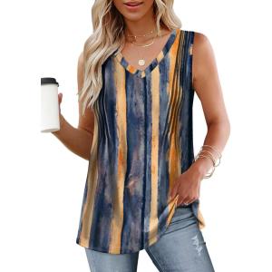 imageWIHOLL Summer Womens Tank Tops Loose Fit Pleated 2025 V Neck Sleeveless Tops CasualS3XLPrints Floral Stripes Blue