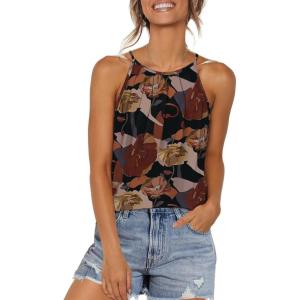imageWIHOLL Womens Pleated Tank Tops Spaghetti Strap Camisole Halter Tops Curved Hem Fashion 2025Bkhaki Flower
