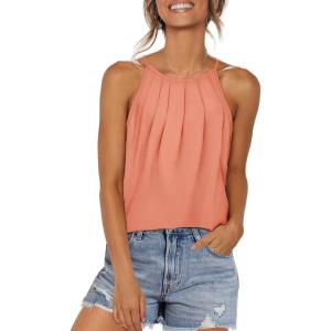 imageWIHOLL Womens Pleated Tank Tops Spaghetti Strap Camisole Halter Tops Curved Hem Fashion 2025Dcoral