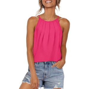 imageWIHOLL Womens Pleated Tank Tops Spaghetti Strap Camisole Halter Tops Curved Hem Fashion 2025Ehot Pink