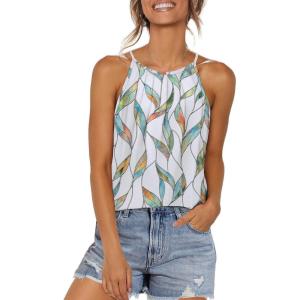 imageWIHOLL Womens Pleated Tank Tops Spaghetti Strap Camisole Halter Tops Curved Hem Fashion 2025Kmulti Leaf