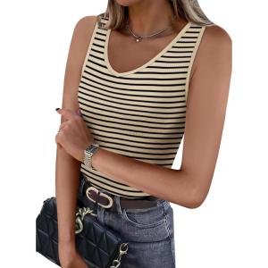 imageWIHOLL Womens Ribbed Tank Tops 2025 Summer V Neck Slim Fitted Tops Casual Basic Knit Sleeveless ShirtsBeige Stripe