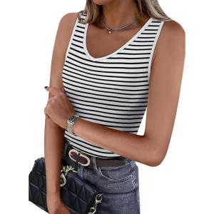 imageWIHOLL Womens Ribbed Tank Tops 2025 Summer V Neck Slim Fitted Tops Casual Basic Knit Sleeveless ShirtsBlack Stripe