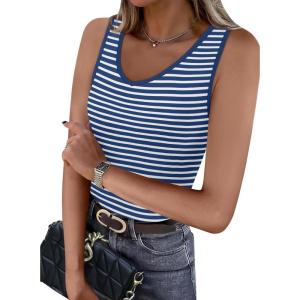imageWIHOLL Womens Ribbed Tank Tops 2025 Summer V Neck Slim Fitted Tops Casual Basic Knit Sleeveless ShirtsBlue Stripe