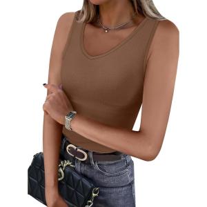 imageWIHOLL Womens Ribbed Tank Tops 2025 Summer V Neck Slim Fitted Tops Casual Basic Knit Sleeveless ShirtsBrown