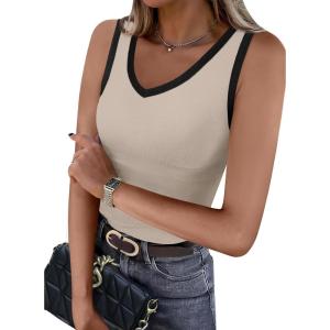 imageWIHOLL Womens Ribbed Tank Tops 2025 Summer V Neck Slim Fitted Tops Casual Basic Knit Sleeveless ShirtsColor Block Beige