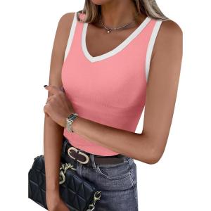 imageWIHOLL Womens Ribbed Tank Tops 2025 Summer V Neck Slim Fitted Tops Casual Basic Knit Sleeveless ShirtsColor Block Pink