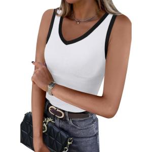 imageWIHOLL Womens Ribbed Tank Tops 2025 Summer V Neck Slim Fitted Tops Casual Basic Knit Sleeveless ShirtsColor Block White