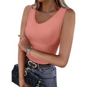imageWIHOLL Womens Ribbed Tank Tops 2025 Summer V Neck Slim Fitted Tops Casual Basic Knit Sleeveless ShirtsCoral Pink
