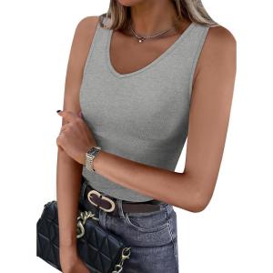 imageWIHOLL Womens Ribbed Tank Tops 2025 Summer V Neck Slim Fitted Tops Casual Basic Knit Sleeveless ShirtsGrey