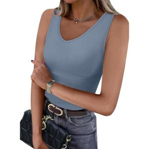 imageWIHOLL Womens Ribbed Tank Tops 2025 Summer V Neck Slim Fitted Tops Casual Basic Knit Sleeveless ShirtsGrey Blue