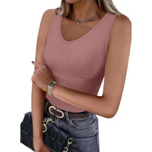 imageWIHOLL Womens Ribbed Tank Tops 2025 Summer V Neck Slim Fitted Tops Casual Basic Knit Sleeveless ShirtsGrey Pink