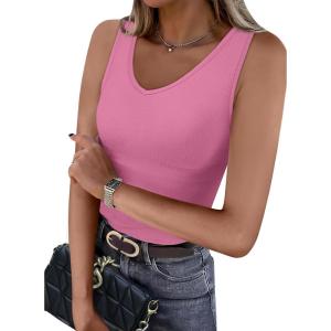 imageWIHOLL Womens Ribbed Tank Tops 2025 Summer V Neck Slim Fitted Tops Casual Basic Knit Sleeveless ShirtsHot Pink