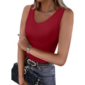imageWIHOLL Womens Ribbed Tank Tops 2025 Summer V Neck Slim Fitted Tops Casual Basic Knit Sleeveless ShirtsRed