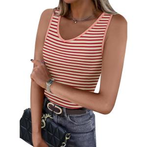 imageWIHOLL Womens Ribbed Tank Tops 2025 Summer V Neck Slim Fitted Tops Casual Basic Knit Sleeveless ShirtsRed Stripe
