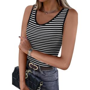 imageWIHOLL Womens Ribbed Tank Tops 2025 Summer V Neck Slim Fitted Tops Casual Basic Knit Sleeveless ShirtsWhite Stripe