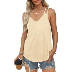 imageWIHOLL Women Tank Top Casual Summer Tops 2024 Fashion Spaghetti Strap Sleeveless V Neck Shirts Sexy CamisolesApricot