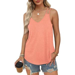 imageWIHOLL Women Tank Top Casual Summer Tops 2024 Fashion Spaghetti Strap Sleeveless V Neck Shirts Sexy CamisolesCoral