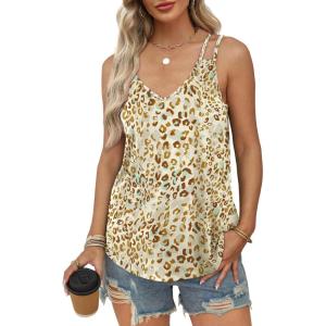 imageWIHOLL Women Tank Top Casual Summer Tops 2024 Fashion Spaghetti Strap Sleeveless V Neck Shirts Sexy CamisolesKhaki Leopard