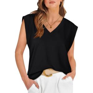 imageWIHOLL Womens Cap Sleeve Tops Summer V Neck Tank Basic Tee Shirts 2025 Fashion Casual Loose FitB  Black