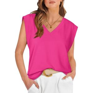 imageWIHOLL Womens Cap Sleeve Tops Summer V Neck Tank Basic Tee Shirts 2025 Fashion Casual Loose FitC  Hot Pink