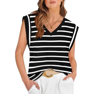 imageWIHOLL Womens Cap Sleeve Tops Summer V Neck Tank Basic Tee Shirts 2025 Fashion Casual Loose FitD  White Stripe