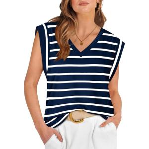 imageWIHOLL Womens Cap Sleeve Tops Summer V Neck Tank Basic Tee Shirts 2025 Fashion Casual Loose FitF  Navy Bluewhite Stripe