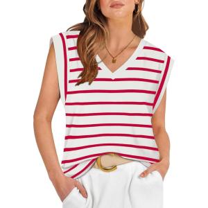 imageWIHOLL Womens Cap Sleeve Tops Summer V Neck Tank Basic Tee Shirts 2025 Fashion Casual Loose FitG  Redwhite Stripe