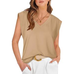 imageWIHOLL Womens Cap Sleeve Tops Summer V Neck Tank Basic Tee Shirts 2025 Fashion Casual Loose FitI  Khaki