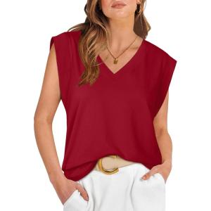 imageWIHOLL Womens Cap Sleeve Tops Summer V Neck Tank Basic Tee Shirts 2025 Fashion Casual Loose FitJ Red
