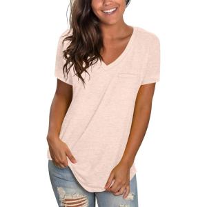 imageWIHOLL Womens Tops Short Sleeve V Neck Tshirts with Mock Up Pocket Fahion Summer Clothes Loose FitBeige