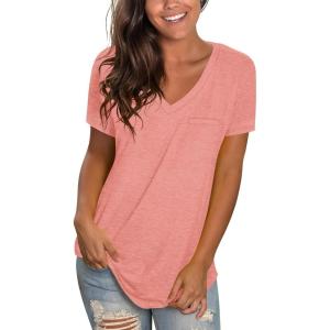 imageWIHOLL Womens Tops Short Sleeve V Neck Tshirts with Mock Up Pocket Fahion Summer Clothes Loose FitCoral