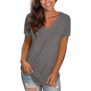 imageWIHOLL Womens Tops Short Sleeve V Neck Tshirts with Mock Up Pocket Fahion Summer Clothes Loose FitGrey