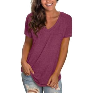 imageWIHOLL Womens Tops Short Sleeve V Neck Tshirts with Mock Up Pocket Fahion Summer Clothes Loose FitPurple Red