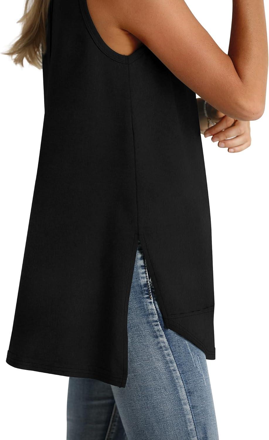 imageWIHOLL Loose Fit Tank Tops for Women Scoop Neck Summer Side Split Sleeveless Shirts 2025 FashionAblack
